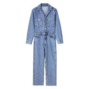 2024 Fashion Long Sleeve Jean Jumpsuit Women Overalls One Piece Workout Jumpsuit Solid Denim Jumpsuit Women