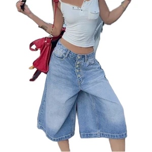 Women Mid Waist Medium Wash Denim Shorts Straight Leg Regular Fit Button Front Floral Print Casual Autumn Style Waterproof