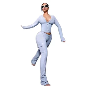 KY Women's Tight Stretch Denim Matching Set Zipper Jacket and Cargo Pants Y2K Casual Co-ords