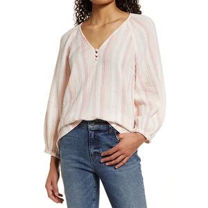 Customized High Quality Casual Ladies Tops V Neck Raglan Long Sleeves Striped Seersucker Shirt Blouse for Women