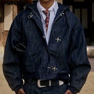 Customized Boxy Distressed Buttons Raw Vintage Japanese Selvedge Hombre Fireman Clasp Hooded Jean Denim Men Retro Jackets