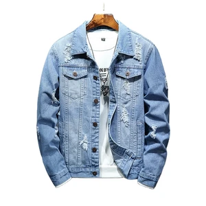 Custom Blue Ripped Mens Denim Jacket Wholesale Distressed Fashion Boys Denim Jacket Men