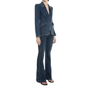 Custom Long Sleeve Jeans Slim Fit Clothing Suit Mid Waist Fashion Women's Denim Jeans Jacket Pants Set