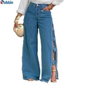 Women Jeans High Waist Loose Casual Trouser Women's New Hollow Split Handmade Dimensional Flower Jeans Denim pants for women
