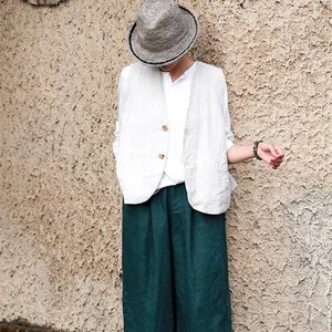 Women's High Waist Elastic OL Trousers Loose Fashion Pants Linen Cotton Available in Big Sizes Wholesale Solid Pattern