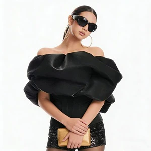 OUDINA Boutique Stylish Irregular Off Shoulder Cinched Waist Short Shirt Tops and Blouses Crop Top Women