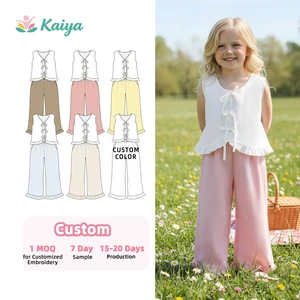 Manufacturer Custom Girls White Top And Pants Wrinkled Hem Kids Clothes Set Thin Lightweight Girls Summer Clothing Sets
