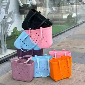 Custom Logo Printed Solid Color EVA Open Tote Bag Waterproof Portable Lightweight Large Capacity Beach Pool Travel Shopping