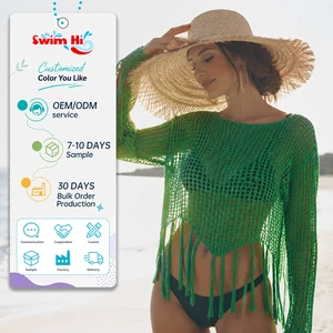 Private Label Knitted Swimsuit Cover Ups ODM Breathable Crochet Beach Cover up Long Sleeve Tops with Fringe Trim Design
