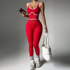 Women's Breathable Lightweight Full-Length Spandex/Nylon Color Blocking Halter Backless Yoga Jumpsuit Tummy Control Sports