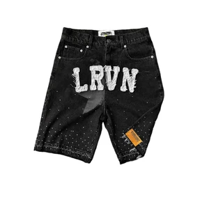 High Quality Men's Mid Waist Breathable Embroidery Custom Jean Rhinestone Acid Wash Streetwear Shorts