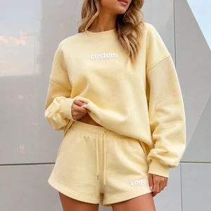 Custom Women's Loose Crewneck Sweatshirt & Shorts Two-Piece Tracksuit, High-Quality Custom 3D Raised Print Casual Loungewear Set
