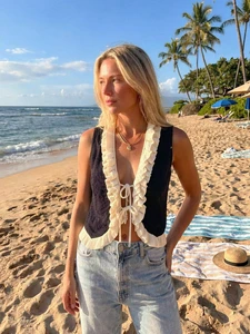 Stylish Black Contrast Ruffle Casual Cardigan for Beach Holiday Summer Sexy V-Neck Tie Front Breathable Knitted Top