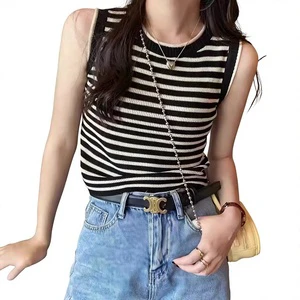 Striped Casual Short Knitted Vest Camisole Women 2026 Summer New Design Stylish Outerwear Inner Layer Sleeveless Slimming Top