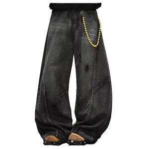 Ripped Chopper Jeans Men's and Women's Same Style Retro Loose Straight Men's Pants Large Size Solid Color Autumn Summer Spring