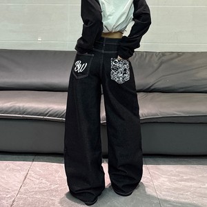 Custom Embroidered Women's Wide Leg Denim Jeans High Street Hip Hop Inspired Loose High Waist Color Fade