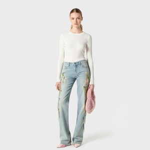 Chic Casual Vintage Streetwear Denim Breathable Spring Women's Jeans Trousers Mid Waist Tassel Side Light Blue Straight