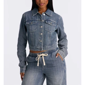 Women Herringbone Textured Denim Jacket Cropped Blue Vintage Wash Streetwear Wholesale Chevron Pattern Outerwear Coat Retro