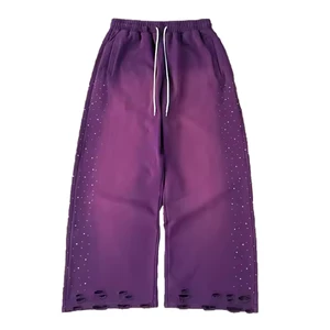 High Waist Loose Straight Leg Acid Washed Sweatpants 100% Cotton Casual Side Decorative Rhinestone Distressed Bottoms for Men
