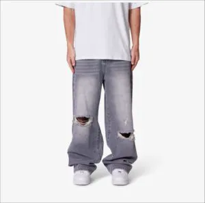 High Quality Men's Denim Jeans Baggy Straight Leg High Street Style Cotton Spandex Quick Dry Destroy Wash Appliques Foil Print