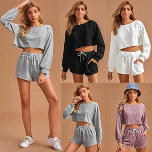 Women's Tracksuits Crew Neck Loose Short Sleeve Suit Pull Rope Cool Two Cotton Stylish Solid Color Casual Sweater for Women