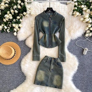 Women's Casual Sets Top And High Waist Slim Denim Suit Ropa Wholesale