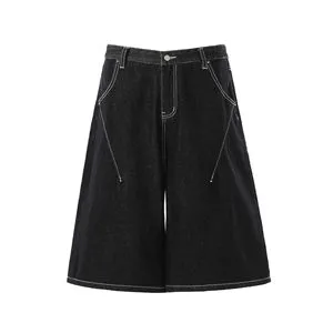 High Street American Unisex Premium Mid Waist Raw Denim Shorts Deconstructed Design Men's Loose Cropped Casual Breathable Pants