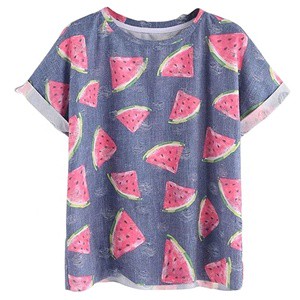 Women's Full-Printed Embroidered Knitted Breathable Cotton Casual T-Shirt All-over Printed Short Sleeve Logo Plus Size