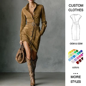 Wholesale Western Retro Denim Casual Single-Breasted Elastic Waist Front Solid Midi Long Sleeves Plain Dyed Asymmetrical Hem