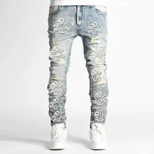 Custom High Street Men's Casual Regular Fit Jeans High Quality Water Ripped Printed Pants With Button Fly Closure Plus Size