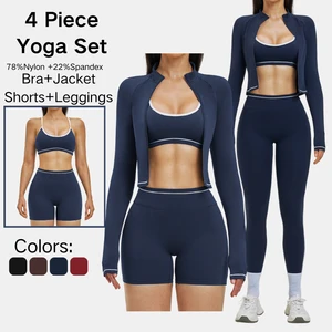 Womens Yoga Set Contrast Trim Sports Bra Zip up Jacket High Waist Shorts Leggings Workout Gym Fitness Outfit