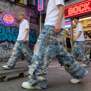 YSJY OEM Manufacturer Men's Boot Cut Cargo Jeans Pants Custom Plus Size Heavy Wash Multi Pocket Cargo Jeans Pants Men