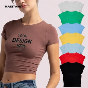 HG667 Custom Logo High Quality 100% Cotton Plus Size Women's 3D O-Neck T-Shirt Puff Rhinestone Plain Sexy Fitted Tank Top Terry