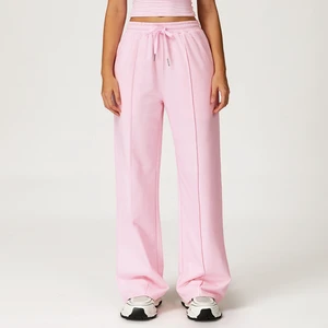 Spring High-waisted Elastic Waist Loose Breathable Sports Sweat Pants with Pockets Cotton Straight-cut Casual Pants