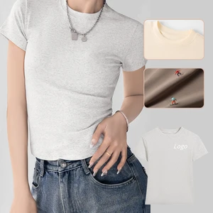 220 Gsm Printed Cotton Trendy Gym Workout Crewneck Slim Fit Crop Tops Top Tees Y2K Clothes Womens Girl Baby Tee