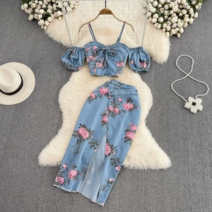 Women 2 Piece Set Denim Fashion Suit Women Spicy Girls Chic Halter Top Two-piece High Waist Irregular Split Skirt Summer S M L