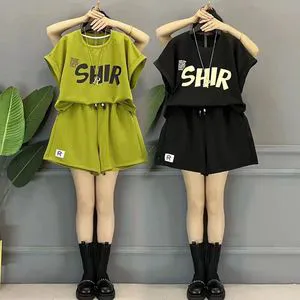 Wholesale Women's Plus Size Fashion Casual Sports Suit Summer Age Reduction Half Sleeve Top Slim Shorts Fat Ladies Two-piece Set