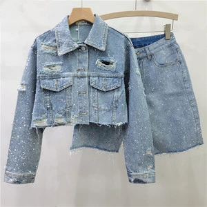 Wholesale Spring 2026 New Fashion Casual Heavy Industry Denim Personality Long Sleeve Denim Jacket Middle Pants Women's Suit