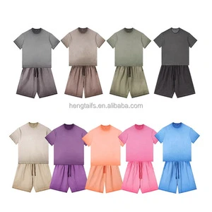 Summer Wholesale Sports Suit Casual Fashion Solid Color Simple Loose Men's and Women's Suit Retro Washed Cotton Set