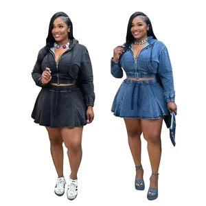 Women's Denim Two Piece Set Jeans Hooded Zip up Jacket and Pleated Mini Skirt Women's Summer Two-piece Set