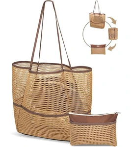 Mesh Beach Tote Bag for Women Top Zipper 11 Pockets Detachable Pouch Machine Washable Chic Summer Handbag