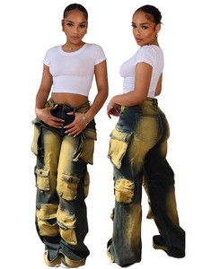 BR6144 Denim Straight Jeans Summer Women's Fashion Personality Multi-pocket Tie-dye High Waist Overalls