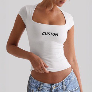 Free Sample Slim Fit Solid Color Breathable Knitted Tee Plain Dyed Women's Heart Collar Short Sleeve Casual Tshirts