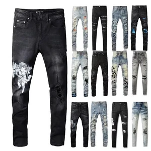 Hight Quality Men's Pencil Cotton Denim Bottom Streetwear Trouser Pants Stonewashed Distressed Jeans with Embroidery Jeans