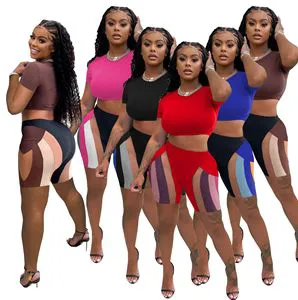 2024 Vintage Solid Plus Size Women's Summer 2 Piece Shorts Set
