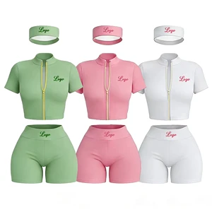 Summer Clothes Women Custom Streetwear Workout Sets Zip Up Short Sleeve Jacket And Shorts 3 Piece Shorts Set Tracksuit For Women