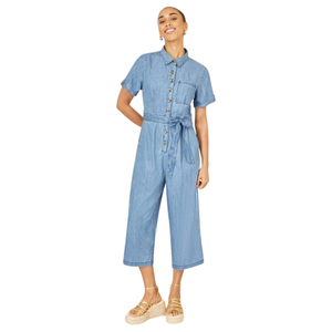 Casual Women Denim Jumpsuit with Belt Wide Leg Factory OEM ODM Wholesale Service