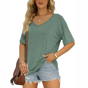 Custom Tri Blend Women's Half Sleeve T Shirts Fashion V Neck Oversized Loose Tops Solid Casual Basic Blouses
