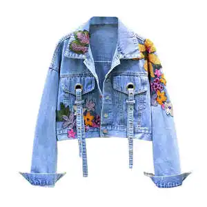Custom Women's Denim Jackets With All-Over Floral Embroidery Breathable Solid Pattern for Autumn Season