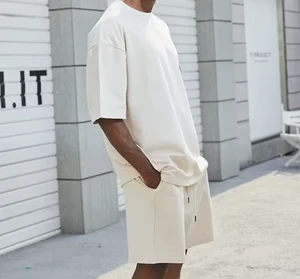 Mens 100% Cotton Heavyweight T Shirt And Shorts Set 450gsm Oversized Boxy Fit Streetwear Summer Tracksuit Custom Logo Printing